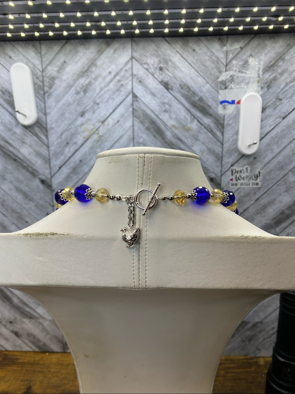Royal Blue and Champagne Glass necklace silver accent Aprilsplace 20 inch - Picture 2 of 8